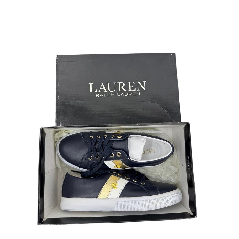 Ralph Lauren Womens Jason II Leather Sneakers Size 6 Navy Gold Logo Retro Preppy